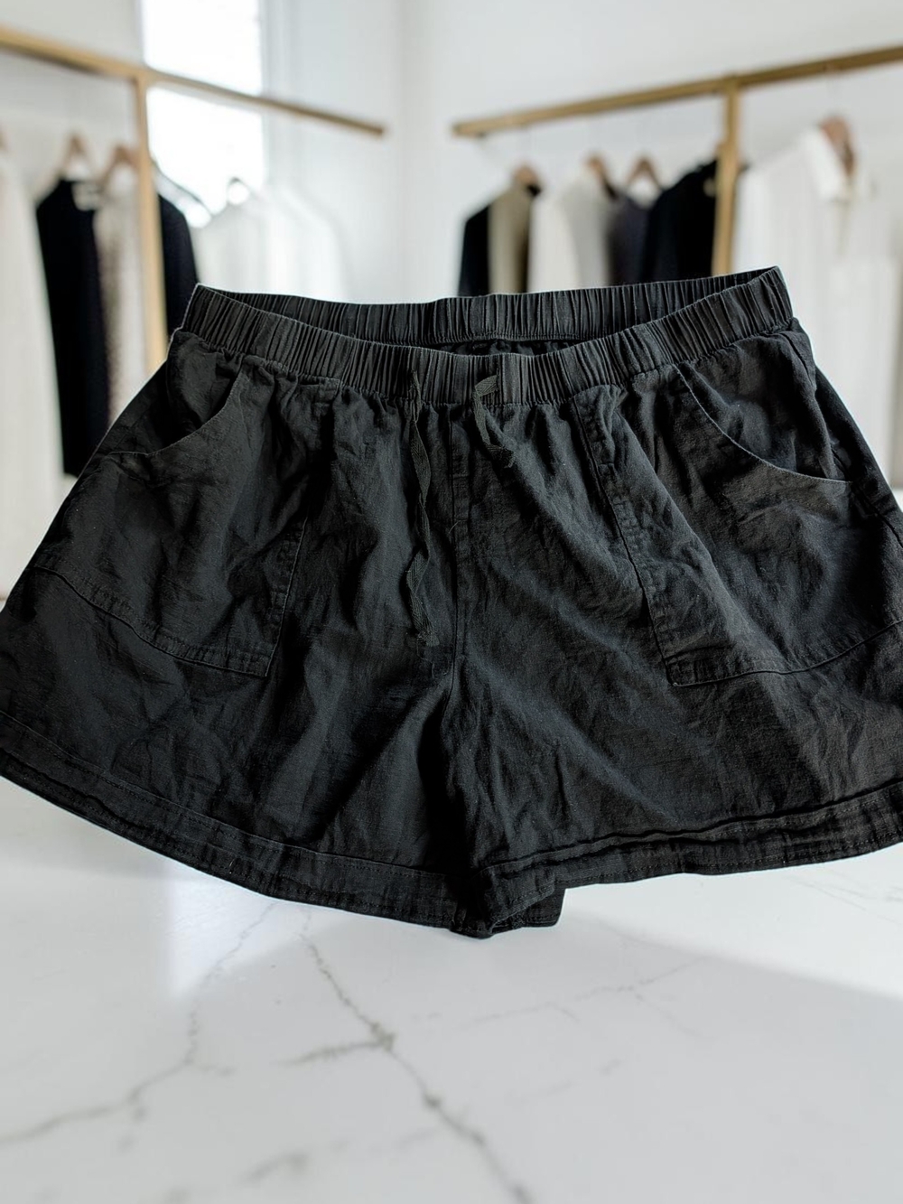 Boutique Black Linen Blend Elastic Waist Casual Shorts Pockets XXL EUC